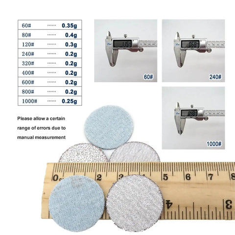 Kick Up Some Dust With These 1 Inch White Dry Sanding Discs Featuring Hook And Loop Backing For Easy Swapping Across 50 Pieces Ranging From 60 Grit Rough Grinding To 1000 Grit Smooth Finishing Perfect For Any DIY Or Pro Project Needing Serious Grip And - close-up of sanding discs and grit measurements.