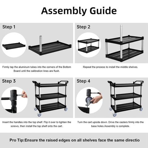Assembly guide for Three Tier Rolling Service Cart With Tangle Free Swivel Wheels And Two Brakes Heavy Duty 450 Lb Capacity Commercial Serving Cart