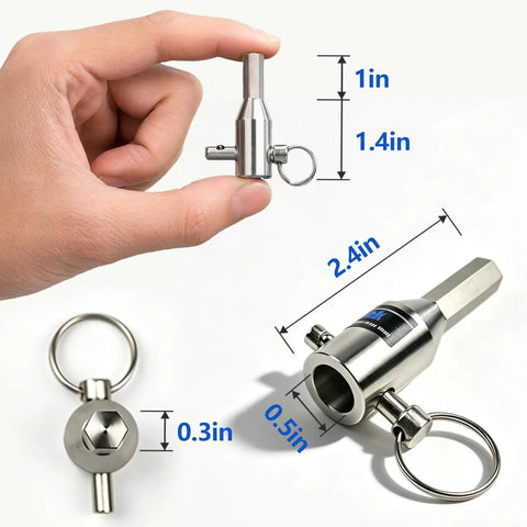Heavy Duty Stainless Steel Trailer Jack Drill Adapter For Half Inch Jack Drive Shaft Slick Power Drill Bit Attachment shown in hand.