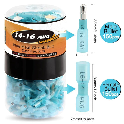 Get This Amazing 300Pc Heat Shrink Bullet Wire Connector Kit With 150 Male And Female Terminals For 14-16 Awg Blue Quick Disconnect Fast Wiring Jobs That Rock blue 14-16 AWG bullet connectors jar