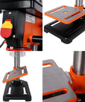 Close-up of Heavy Duty 8 Inch Benchtop Drill Press With 5 Variable Speeds Ranging From 770 To 3410 RPM and tilting table detail.