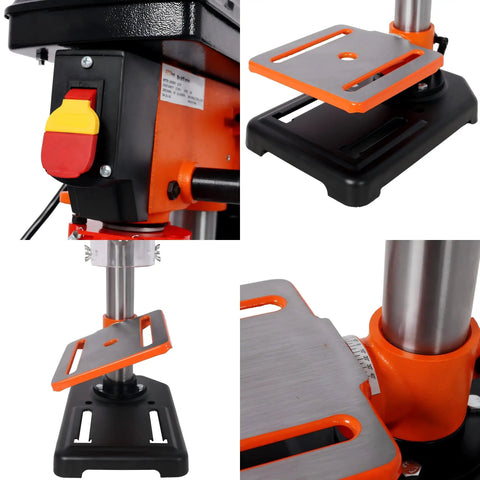 Close-up of Heavy Duty 8 Inch Benchtop Drill Press With 5 Variable Speeds Ranging From 770 To 3410 RPM and tilting table detail.