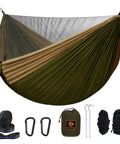 Super Comfy Double Hammock With Mosquito Net For Outdoors Portable Lightweight Nylon Parachute Hammock With 10ft Tree Straps Green Khaki