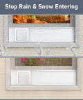 Universal 4 Inch Window Dryer Vent Kit with air vent cover installed, showing self-closing louvers during rain and snow.