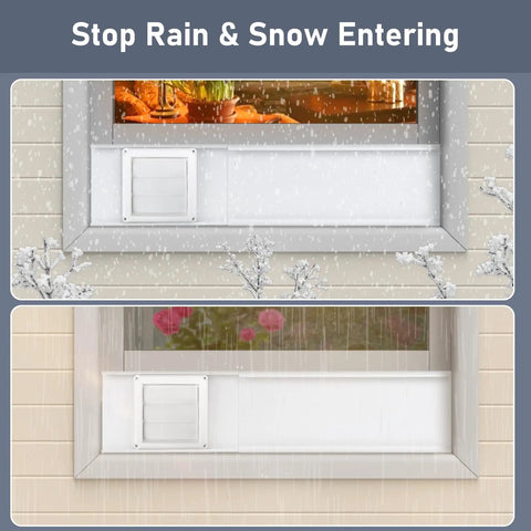 Universal 4 Inch Window Dryer Vent Kit with air vent cover installed, showing self-closing louvers during rain and snow.