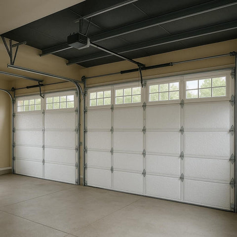 Interior of a garage with Thick 5mm Foam Core Insulation Roll 48 Inch By 50 Feet Reflective Radiant Barrier installed on doors.