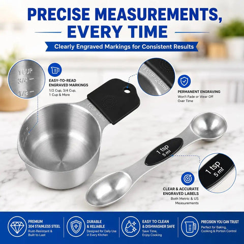 Heavy Duty Measuring Cups And Spoons Set With Strong N52 Magnets, 304 Stainless Steel Kitchen Tools, 15 Piece Round Set With Leveler For Baking And Cooking, BPA Free, Fits In Spice Jars, engraved 1 cup and 1 tsp