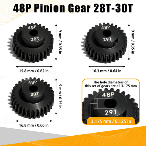 48P Beefed Up Pinion Gear Set 28T 29T 30T Hardened Steel 3.175mm Shaft With Screws And Hex For 1 By 10 RC Cars And Trucks
