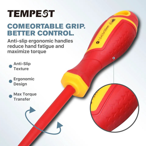 Close-up of Top Shelf 7 Piece Insulated Screwdriver Set With 1000V Voltage Tester showing ergonomic anti-slip grip and shaft.