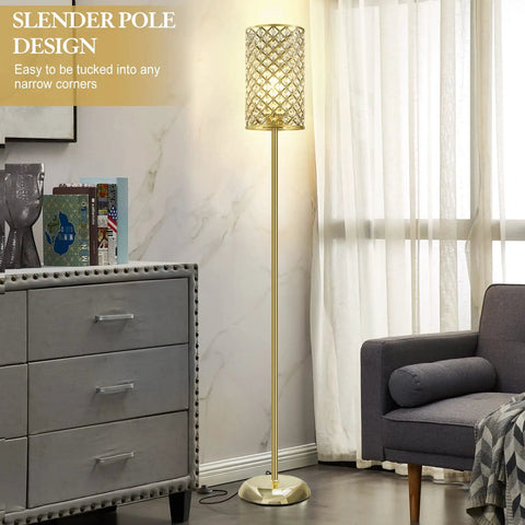 Gold Crystal Floor Lamp With On Off Foot Switch in a living room corner showcasing luxe crystal shade and sturdy base