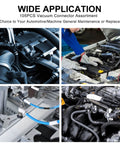 Amazon 105PCS automotive vacuum connector assortment; 1/8-3/8 in sizes shown in engine bay collage