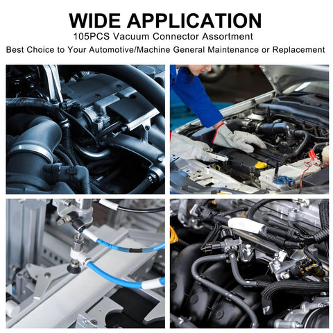 Amazon 105PCS automotive vacuum connector assortment; 1/8-3/8 in sizes shown in engine bay collage