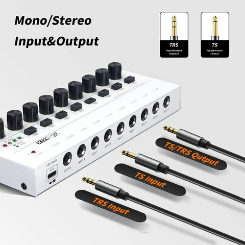 8 Channel Stereo Line Mixer For Sub Mixing With Ultra Low Noise Operation featuring input and output jacks, white finish.