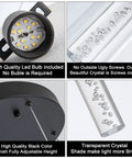 Close-up of Black 5-Light LED Pendant Lighting components showing LED bulb, bubble cylinder shade, and black adjustable base.