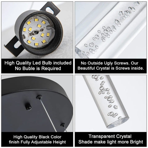 Close-up of Black 5-Light LED Pendant Lighting components showing LED bulb, bubble cylinder shade, and black adjustable base.
