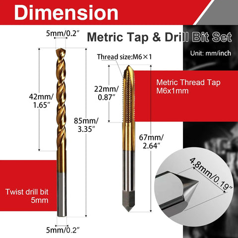 Dimensions of M6 X 1 Spiral Point Tap and 5mm Twist Drill Bit Set Pro Grade for drilling stainless steel and alloy steel