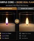 Comparison of purple-core flame in Pearlescent Glass Battery Operated LED Candles Set Of 4 Slim Flameless Candles With Remote Control Warm White Glow Includes 8 Batteries D 2 Inches Perfect For Holiday Decor And Special Occasions with other LED candle.