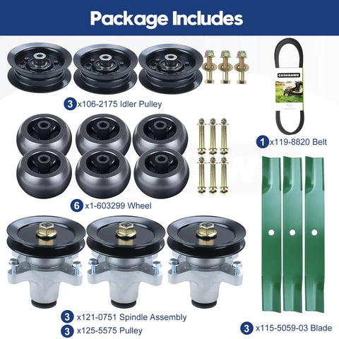 Three Pack Spindle Assembly Kit With Spindle Pulley Idler Pulley And Half Inch By 142 Blades For Toro TimeCutter