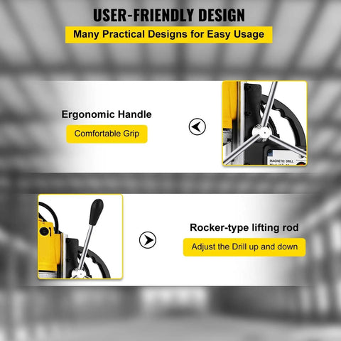 Heavy Duty Magnetic Drill Press Offers 1200 Watts Of Raw Power And Delivers Rock Solid Grip While Handling Steel Drilling Without Breaking A Sweat For Shops And Crews Onsite, featuring ergonomic handle and rocker-type lifting rod.