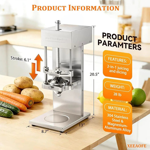 Heavy Duty Electric Commercial Kitchen Machine 304 Stainless Steel Strip Cutter And Juice Press on kitchen counter with vegetables.