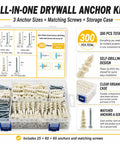 All In One Drywall Anchor Kit With Self Drilling Nylon Anchors And Screws, 300 Piece Set In Durable Organizer Case, Three Sizes For Quick No Sweat Mounting In Wood, Metal, And Drywall, clear organizer case
