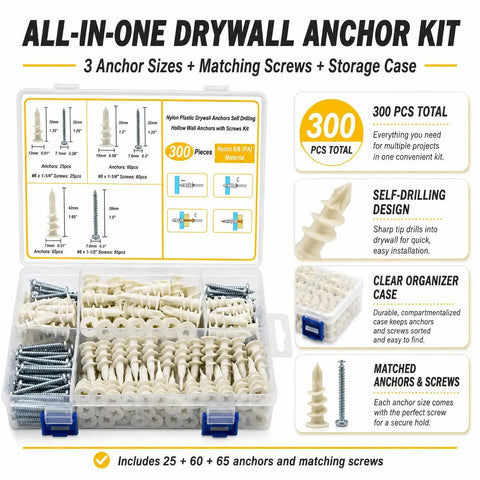 All In One Drywall Anchor Kit With Self Drilling Nylon Anchors And Screws, 300 Piece Set In Durable Organizer Case, Three Sizes For Quick No Sweat Mounting In Wood, Metal, And Drywall, clear organizer case