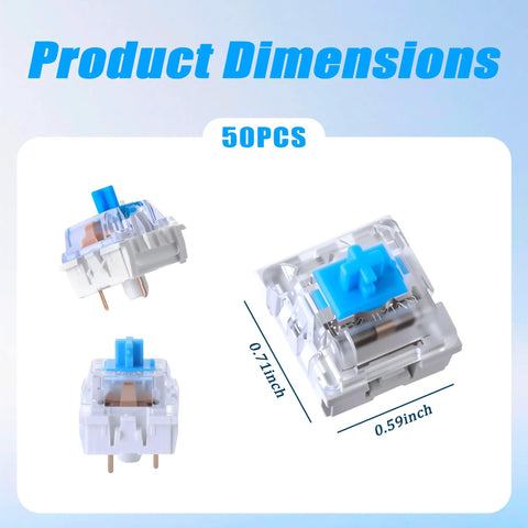 Fifty Pack 3 Pin Blue Clicky Mechanical Keyboard Switches For Typing And Gaming With 50gf Actuation Crisp Audible Feedback 2.2mm Actuation Point 4mm Travel Distance Durable Build For Tactile Lovers, 50pcs dimensions shown