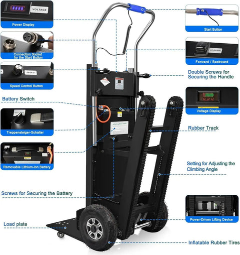 Heavy Duty Electric Stair Climbing Dolly With 1250W Motor And 900Lb Capacity, Feature Dual Speed Options For Smooth Furniture Hauling On Any Slope Plus Foldable Tracked Hand Truck front view with battery switch and rubber track