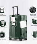 All Aluminum Carry On Luggage Airline Approved 20 Inch Hardside Spinner With Cup Holder And USB Charger TSA Lock Front Pocket Durable Suitcase For Women And Men Dark Green 22x14x9 showing features