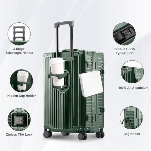 All Aluminum Carry On Luggage Airline Approved 20 Inch Hardside Spinner With Cup Holder And USB Charger TSA Lock Front Pocket Durable Suitcase For Women And Men Dark Green 22x14x9 showing features