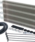 Universal Transmission Cooler Kit 12 Inch Long And 5 Inch High With 3 Eighth Inch Barbed Fittings for Auto, Truck, and Racing Use, with hose.