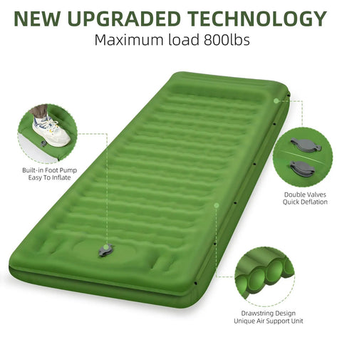 5 Inch Thick Camping Sleeping Pad With Built In Pillow And Foot Pump, 79 By 28 Inch Lightweight Air Mattress in green color