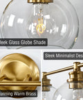 Close-up of 22 Inch Modern Three Light Vanity Bathroom Light With Clear Glass Globe Shades And Warm Brass Finish