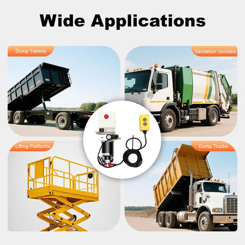 12V DC Electric Hydraulic Pump With 800W Power Unit For Heavy Lifting And Beefy Lifts, 1.58 Qt Single Acting Cylinder, 2850 RPM Copper Wire Motor, 14.76 Ft Control Wire, Rugged Trailer Pump For Car Lifts And Platforms in use for dump trailers, sanitation vehicles, lifting platforms, and dump trucks.