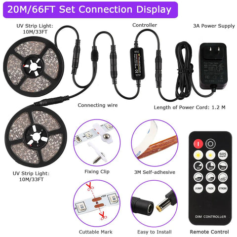 66 Foot Black Light Strips With Remote Control Dimmable Flexible Fluorescent Tape Lights 1200 LEDs setup display image