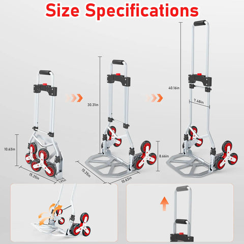 Size specifications of Rock Solid Stair Climbing Dolly Boasting Six Smooth Wheels And A Snappy Telescoping Handle with aluminum frame.