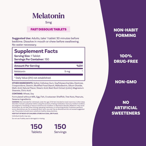Supplement facts for Melatonin 5 Mg Fast Dissolve Sleep Tablets Strawberry Flavor 150 Count That Helps You Fall Asleep Fast