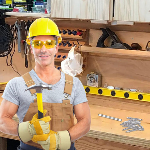 Upgraded Double Headed Skirting Seamless Nails For Interior Baseboard And Mdf Trim With No Sweat Smooth Install And Solid Grip 1 Inch Threaded End 150 Piece Pro Grade Kit Built Tough And Goes Down Clean held by worker wearing gloves in workshop.