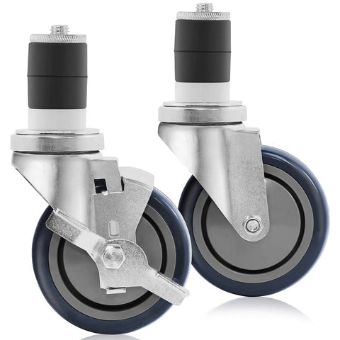 4 Inch Swivel Caster Wheel Set For Commercial Kitchen Prep Tables With Two Brakes And Two Without Brakes Ball Bearing Casters Adjustable Fit For One And A Half Inch Table Legs Chemical Resistant Fully Assembled Silver Finish, pair