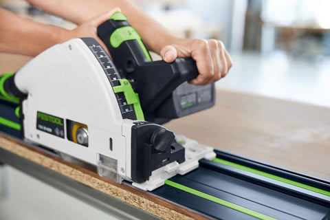 Close-up of 100 Year Limited Edition Guide Rail 55 Inch Track Saw Rail for TSC 55 TS 55 TS 75 with anti-slip surface in use.
