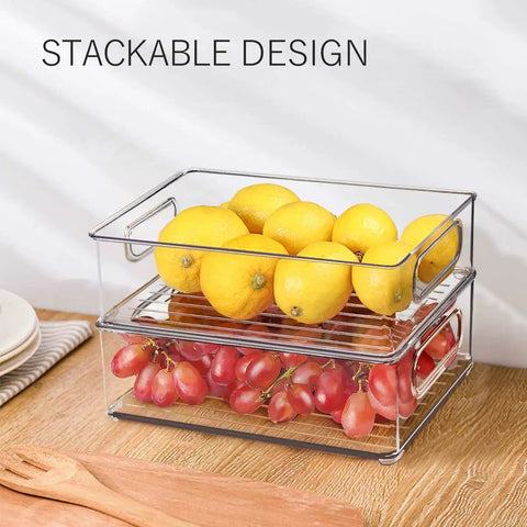 Stackable Fridge Organizer Bins Set Of 6 Clear Kitchen Storage Bins With Easy Grip Handles shown with lemons and grapes