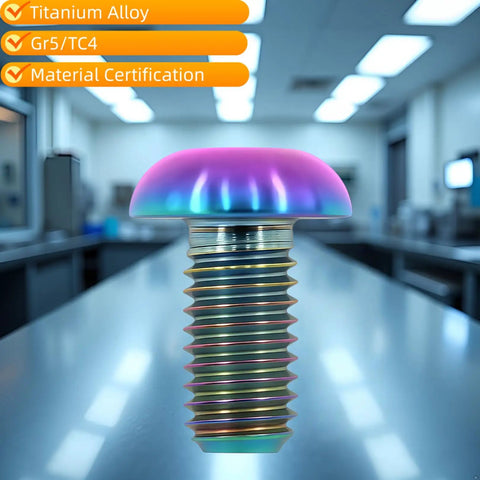 Dope Anodized M5x12 Titanium Bolts 10 Pack Ultra Lightweight Rustproof Motorcycle Bike Car Upgrade Hardware High Strength Fasteners For Custom Rides And Street Mods close-up of a colorful titanium bolt with Gr5 certification on a flat surface.