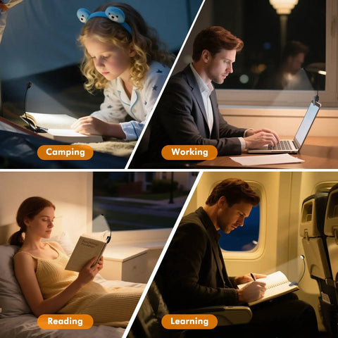 Four scenarios showing 2 Pack Rechargeable Clip On Book Light With 10 LEDs used for camping, working, reading, and learning.