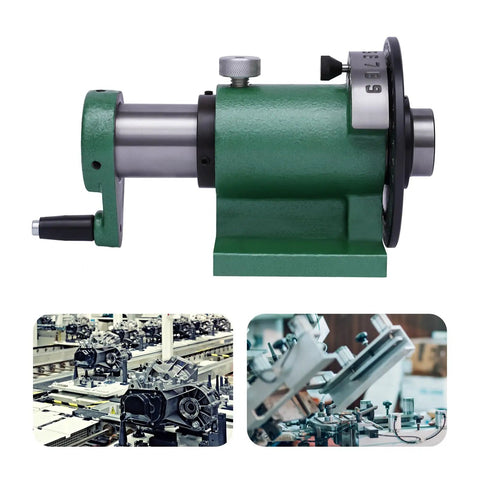 Heavy Duty Spinning Index Fixture With Slick Precision And Boss Level Versatility For Hardcore Milling And Quick Drilling Jobs Featuring Broad Work Table And Reliable Standard Collet Mount side view with green cast steel body and precision scale.