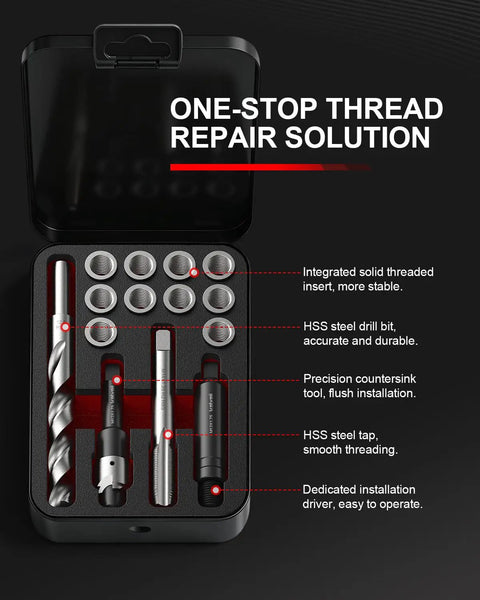 M12x1.75 Thread Repair Kit With 10 Solid 304 Stainless Steel Inserts For Stripped Internal Threads In Engines Cars ATVs UTVs And Motorcycles Fix Busted Threads And Keep Fasteners Tight. open case with 304 stainless inserts and tools