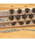 Gotta Have This Woodworking Jig Hardware Kit Featuring Heavy Duty Zinc Plated T Track Bolts Star Knobs T Nuts And Threaded Inserts, assorted knobs and bolts.