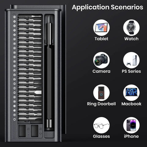 38 In 1 Precision Screwdriver Set With Magnetic Pad Mini Repair Tool Kit for MacBook, iPhone, PS5, Xbox and more. Application scenarios shown.