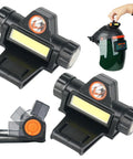 Two Pack Welding Light With Dual Rotatable Lamps, Magnetic Clamp Helmet Headlamp next to a welding helmet on white background.
