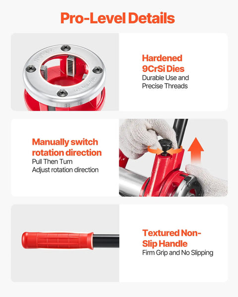Ratchet Pipe Threader Kit With 7 Dies From 3/8 NPT To 2 NPT, detail of die, rotation control, and non-slip handle for plumbing