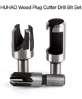 Close-up of Heavy Duty Wood Plug Cutter Drill Bit Set Four Piece Carbon Steel Titanium Coated straight cutters for woodworking.